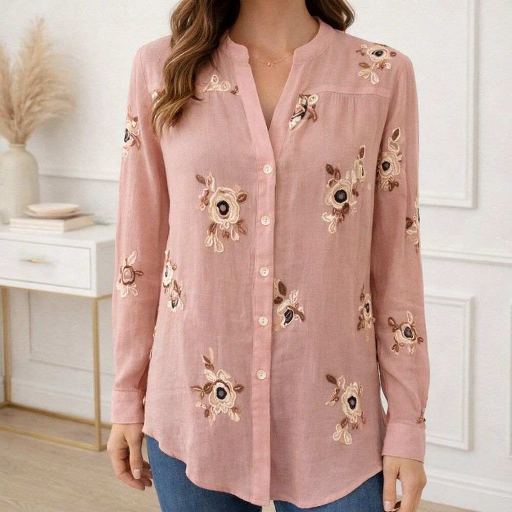 Anthropologie Fig & Flower Blouse Top M Pink Embroidered Button Front Tunic Boho